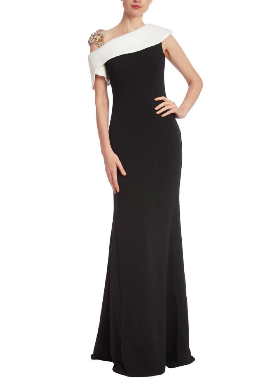 Two-Tone Column Gown with Beaded Shoulder – Tiffany Boutique Cyprus
